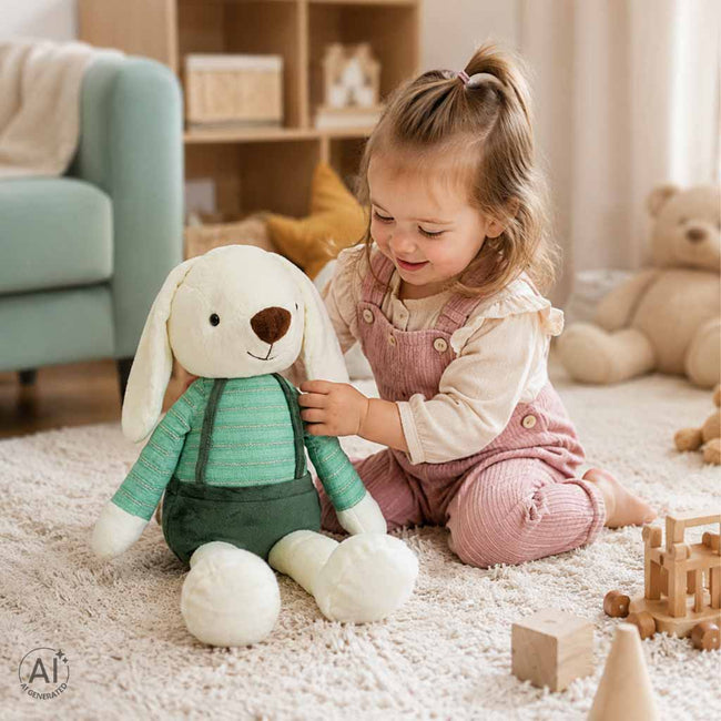 Iepuraș de pluș mare pentru copii, 70 cm, cu bluziță și pantalonași cu bretele – jucărie de atașament, verde – imagine 9